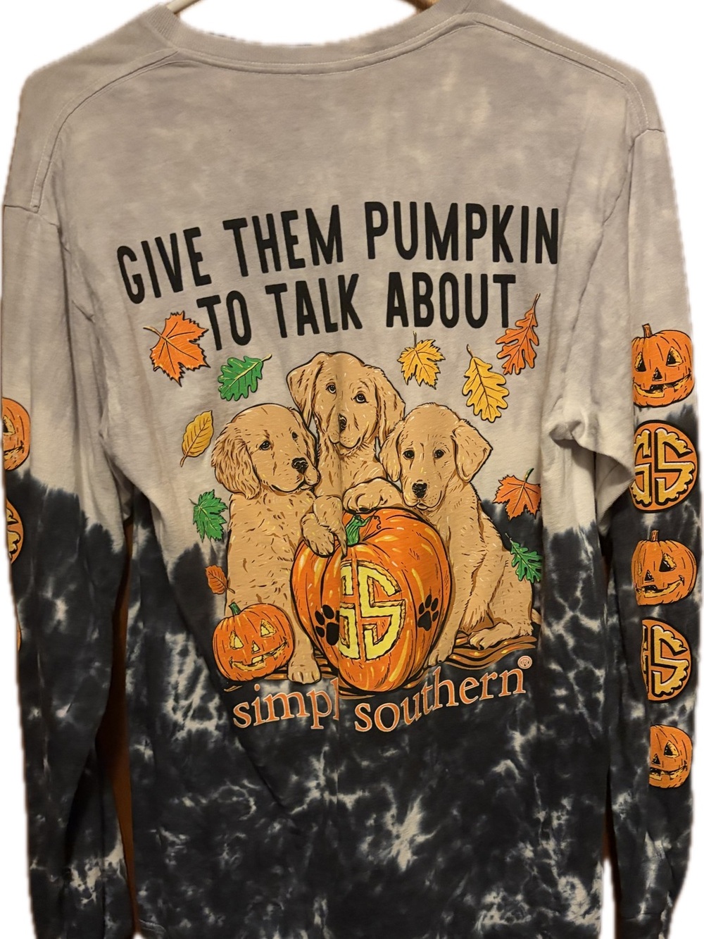 Simply Southern Black & Cream Tie-Dye Long Sleeve with Puppies & Pumpkin Graphic - Picture 2 of 8